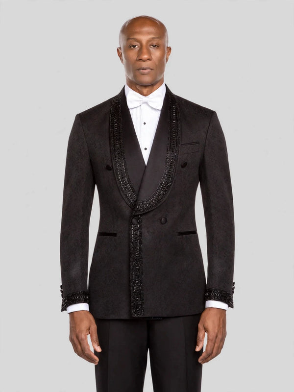 Onyx Jet Beaded-Trim Shawl-Collar Double-Breasted Tuxedo Jacket - cover