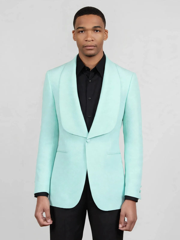 Mint Aqua Textured Shawl-Collar Tuxedo Jacket 04