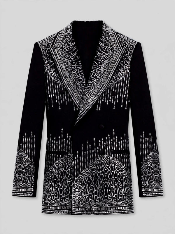 Onyx Silver Crystal Drip Peak-Lapel Double-Breasted Tuxedo Jacket 07