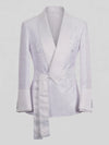 Snow White Micro-Dot Satin Shawl-Collar Belted Double-Breasted Tuxedo Jacket 07