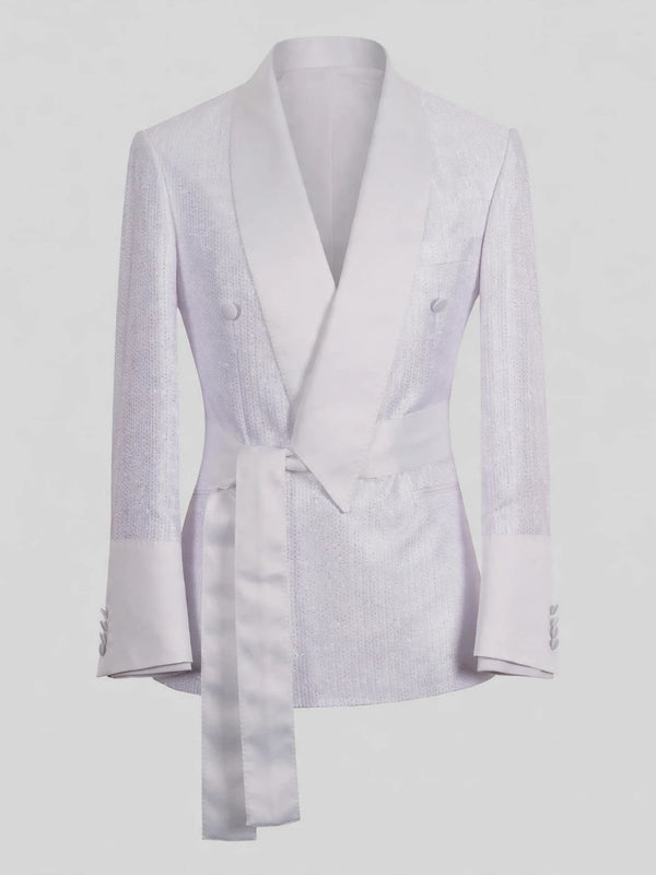 Snow White Micro-Dot Satin Shawl-Collar Belted Double-Breasted Tuxedo Jacket 07