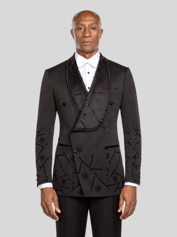 Onyx Jet Constellation-Bead Shawl-Collar Double-Breasted Tuxedo Jacket - cover