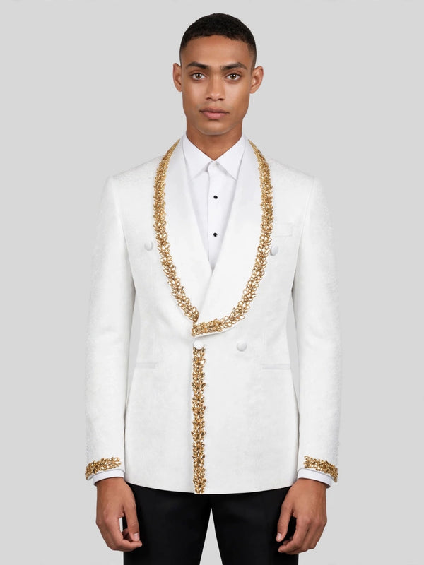 Ivory Gold Crystal-Trim Shawl-Collar Double-Breasted Tuxedo Jacket 01