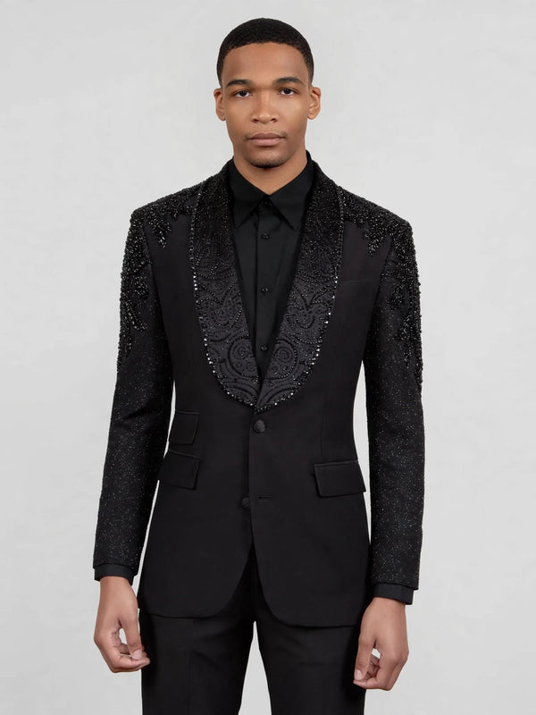 Onyx Jet Beaded-Swirl Shawl-Collar Tuxedo Jacket 04