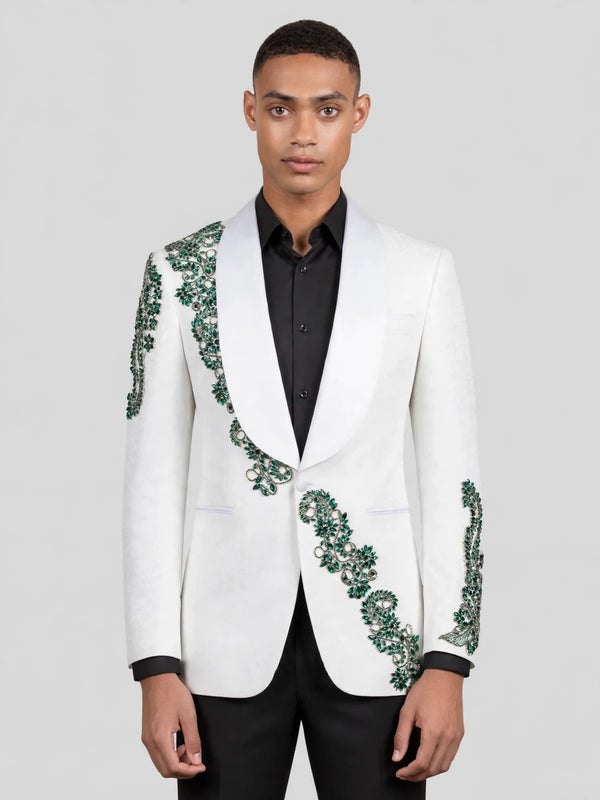 Ivory Emerald Crystal Vine Shawl-Collar Tuxedo Jacket 04