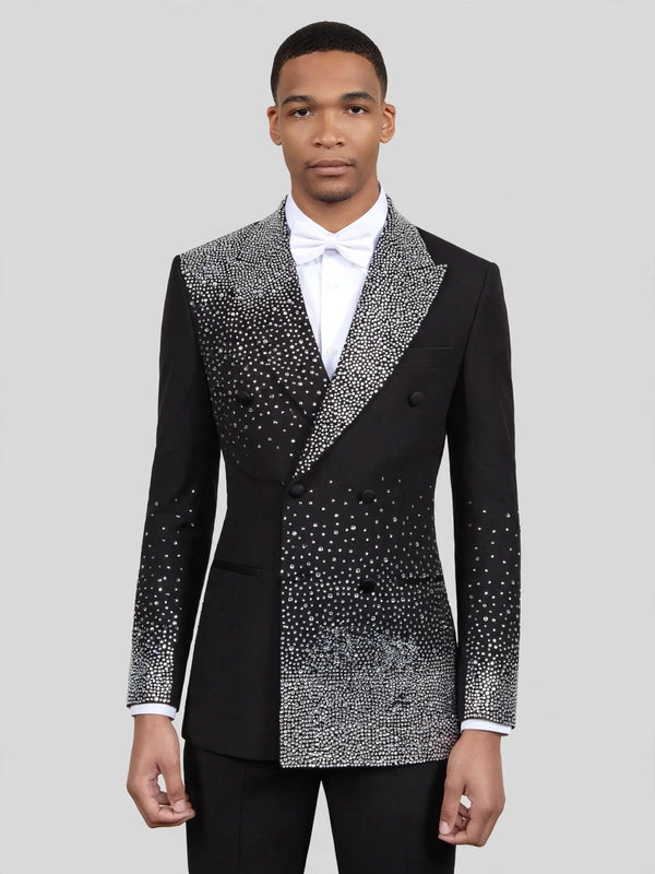 Onyx Silver Crystal-Dot Diagonal Peak-Lapel Double-Breasted Tuxedo Jacket 03