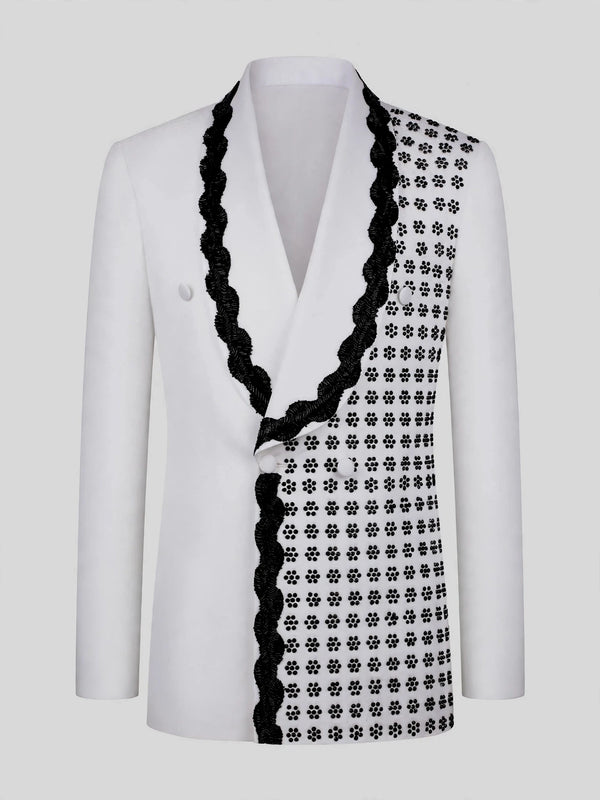 Ivory Jet Floral-Grid Scalloped Shawl-Collar Double-Breasted Tuxedo Jacket 07