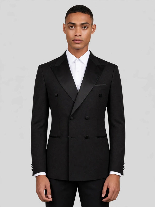 Onyx Satin Peak-Lapel Six-Button Double-Breasted Tuxedo Jacket 01