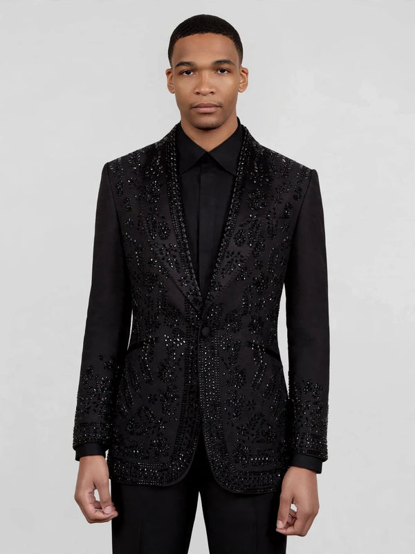 Onyx Jet Beaded Floral-Scroll Shawl-Collar Tuxedo Jacket 04