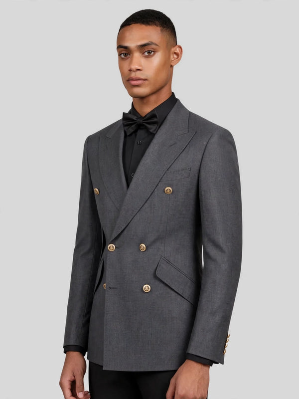 Charcoal Grey Gold-Button Slant-Flap Peak-Lapel Double-Breasted Suit Jacket 06