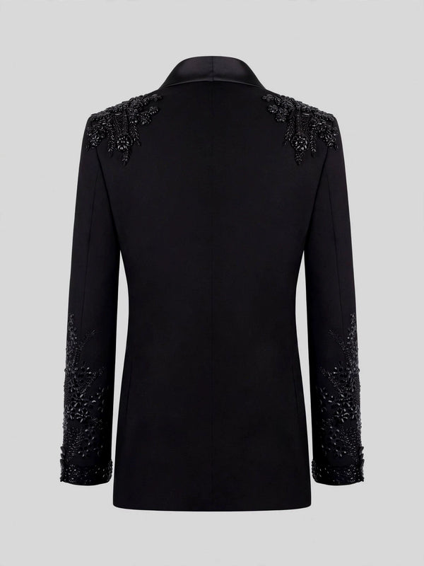 Onyx Jet Floral-Vine Shawl-Collar Tuxedo Jacket 09