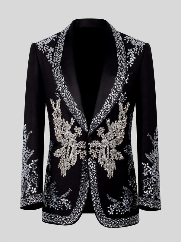 Onyx Silver Crystal Bouquet Shawl-Collar Tuxedo Jacket 07