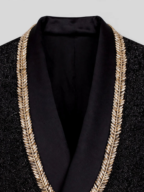 Onyx Gold Laurel-Leaf Crystal Shawl-Collar Double-Breasted Tuxedo Jacket 08