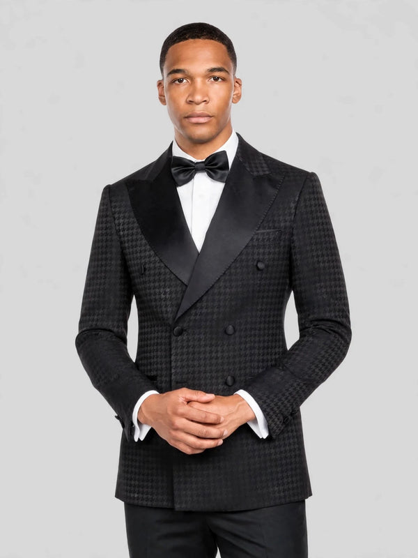 Onyx Black Houndstooth Satin Peak-Lapel Six-Button Double-Breasted Tuxedo Jacket 02