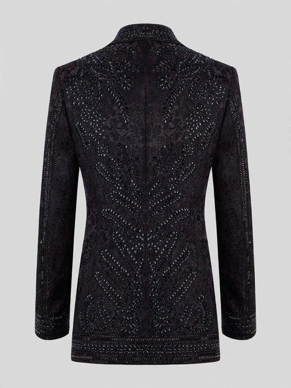 Onyx Jet Beaded Leaf-Scroll Peak-Lapel Double-Breasted Tuxedo Jacket 09