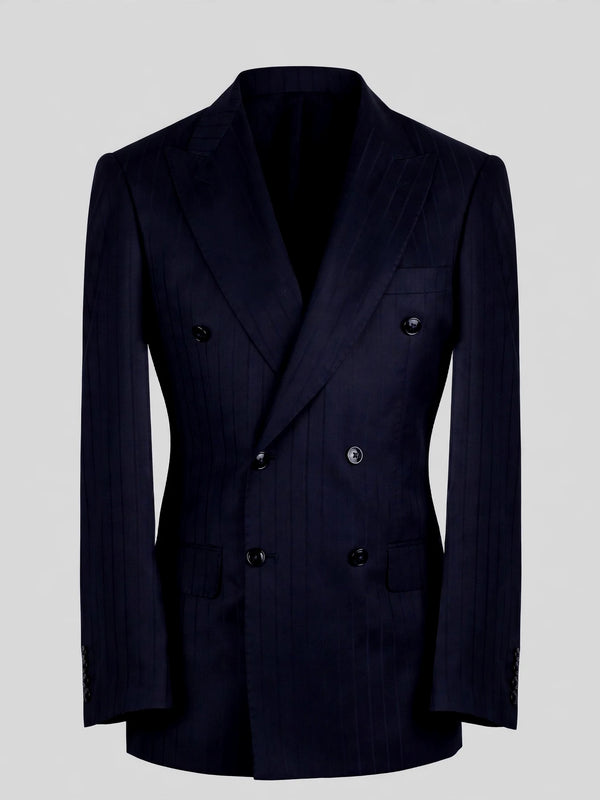 Deep Midnight Navy Pinstripe Six-Button Peak-Lapel Double-Breasted Suit Jacket 07