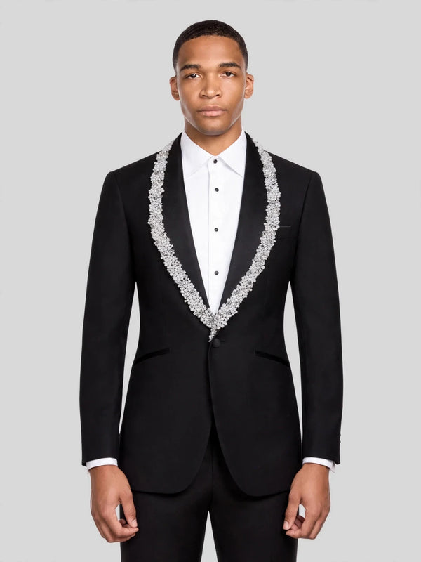 Onyx Silver Crystal Cluster Shawl-Collar Tuxedo Jacket 01