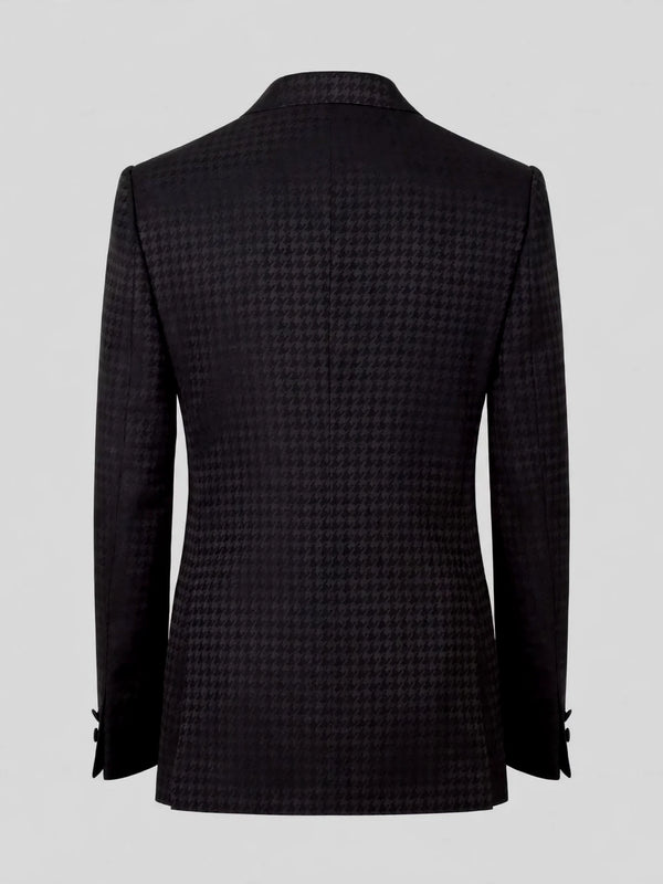 Onyx Black Houndstooth Satin Peak-Lapel Six-Button Double-Breasted Tuxedo Jacket 09