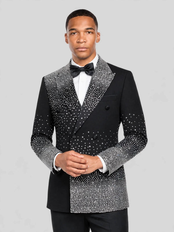 Onyx Silver Crystal-Dot Diagonal Peak-Lapel Double-Breasted Tuxedo Jacket 02