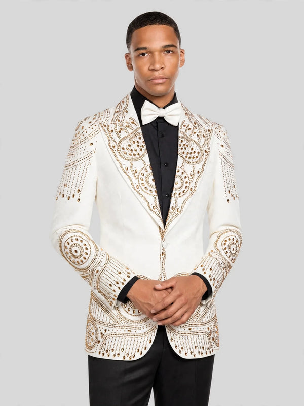 Ivory Gold Crystal Medallion Peak-Lapel Tuxedo Jacket 05