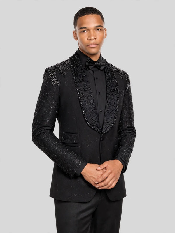 Onyx Jet Beaded-Swirl Shawl-Collar Tuxedo Jacket 06