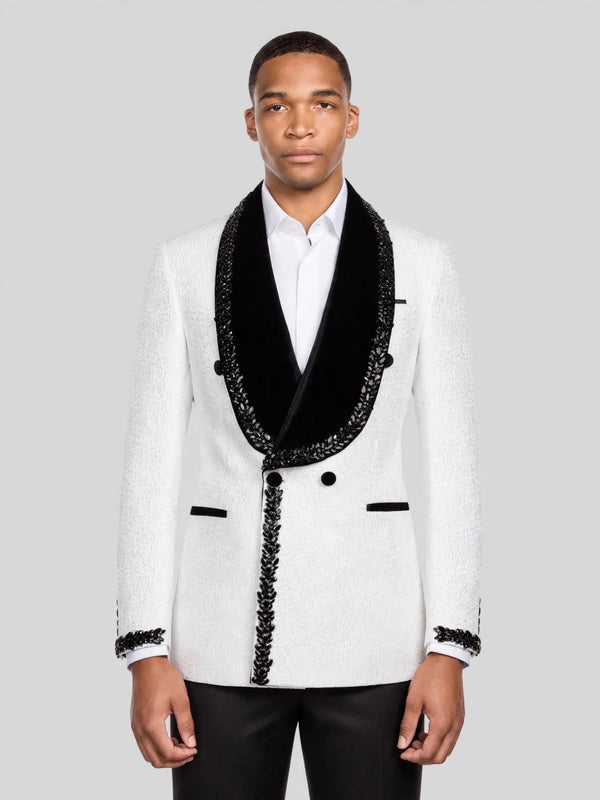 Ivory Jet-Leaf Velvet Shawl-Collar Double-Breasted Tuxedo Jacket 01