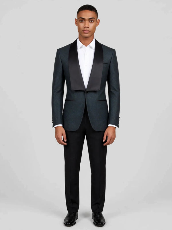 Slate Grey Diamond-Texture Satin Shawl-Collar Tuxedo Jacket 01