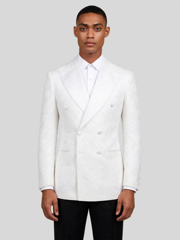 Snow White Paisley-Jacquard Satin Peak-Lapel Six-Button Double-Breasted Tuxedo Jacket 01