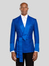 Royal Blue Ribbed-Weave Satin Shawl-Collar Sash-Belt Two-Button Double-Breasted Tuxedo Jacket - cover
