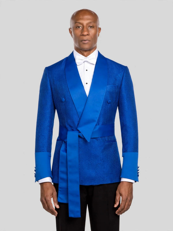 Royal Blue Ribbed-Weave Satin Shawl-Collar Sash-Belt Two-Button Double-Breasted Tuxedo Jacket - cover