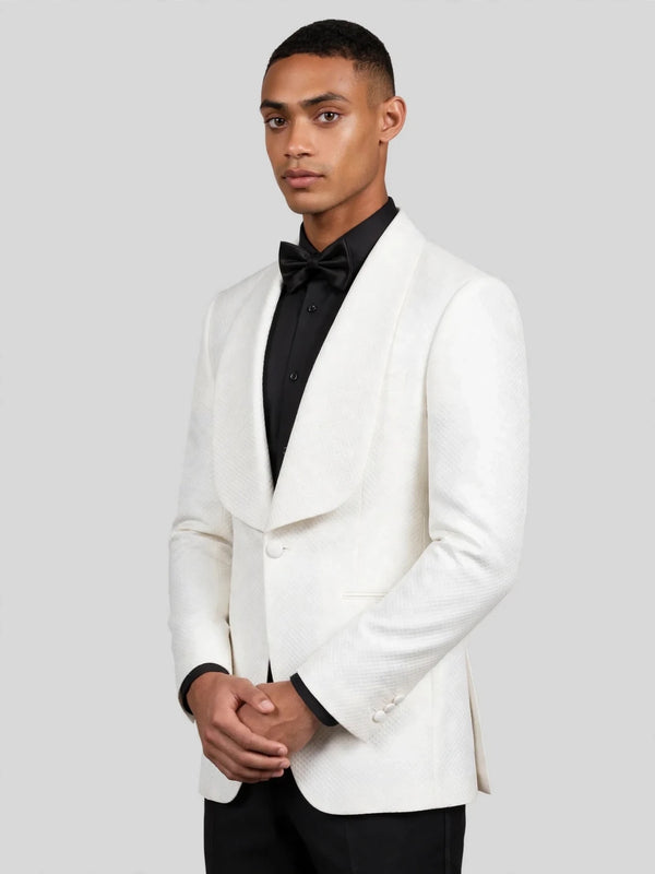 Ivory Diamond-Texture Shawl-Collar Tuxedo Jacket 06