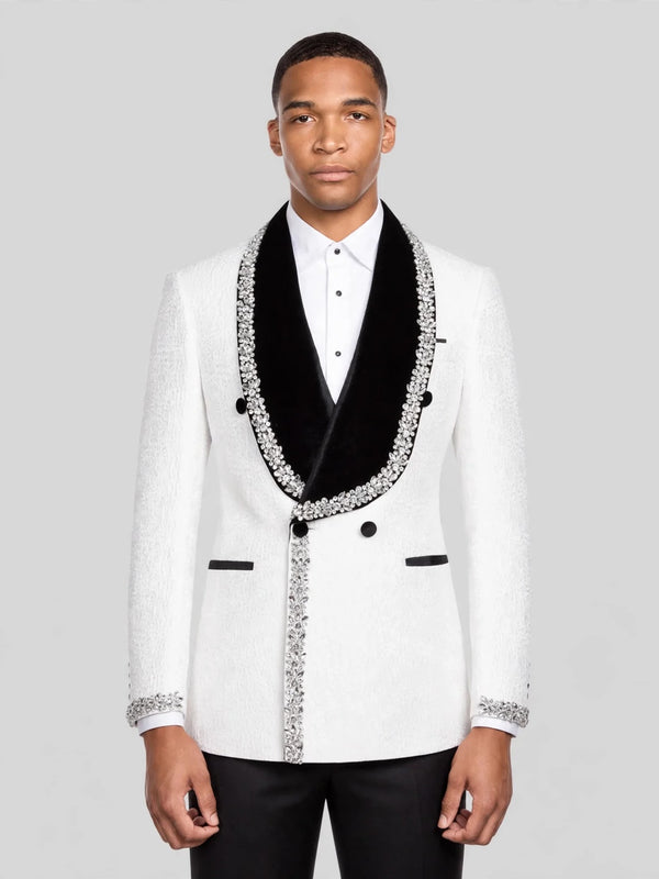 Ivory Silver Crystal Velvet Shawl-Collar Double-Breasted Tuxedo Jacket 01