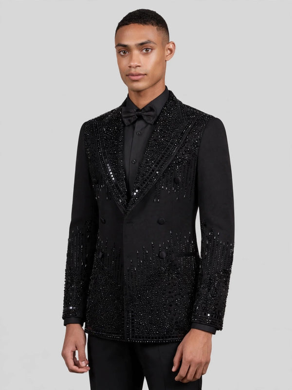 Onyx Jet Beaded Drip Peak-Lapel Double-Breasted Tuxedo Jacket 06