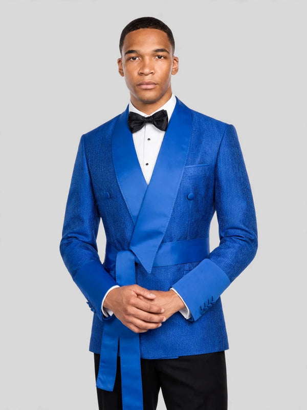 Royal Blue Ribbed-Weave Satin Shawl-Collar Sash-Belt Two-Button Double-Breasted Tuxedo Jacket 02