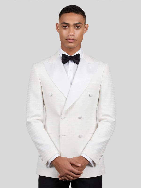 Ivory White Houndstooth Satin Peak-Lapel Double-Breasted Tuxedo Jacket 02