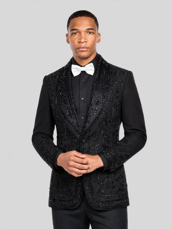 Onyx Jet Beaded Floral-Scroll Shawl-Collar Tuxedo Jacket 05