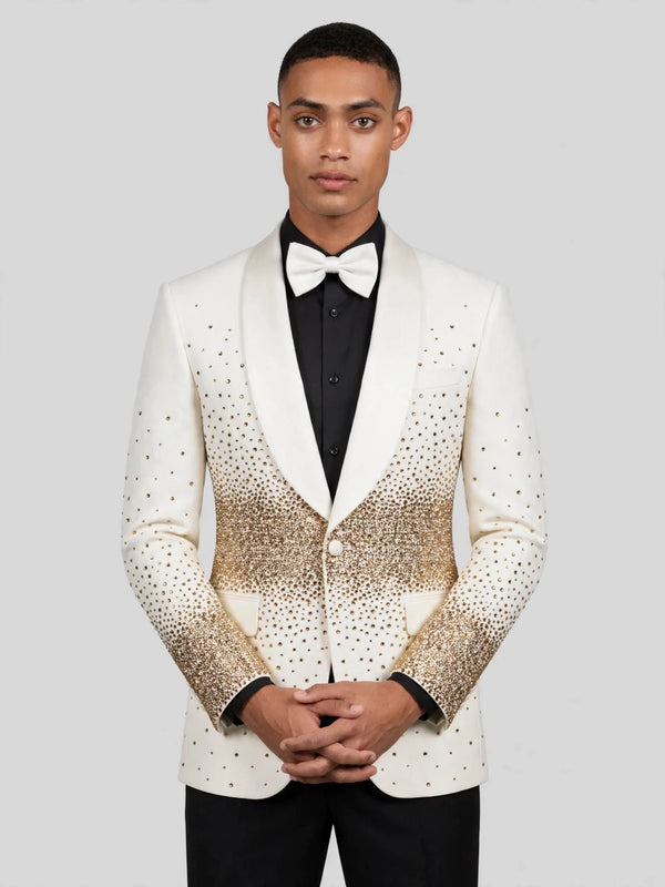 Ivory Gold Gradient Crystal-Dot Shawl-Collar Tuxedo Jacket 05