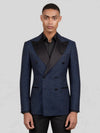 Navy Black Houndstooth Satin Peak-Lapel Double-Breasted Tuxedo Jacket 04