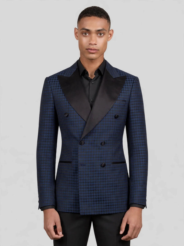 Navy Black Houndstooth Satin Peak-Lapel Double-Breasted Tuxedo Jacket 04