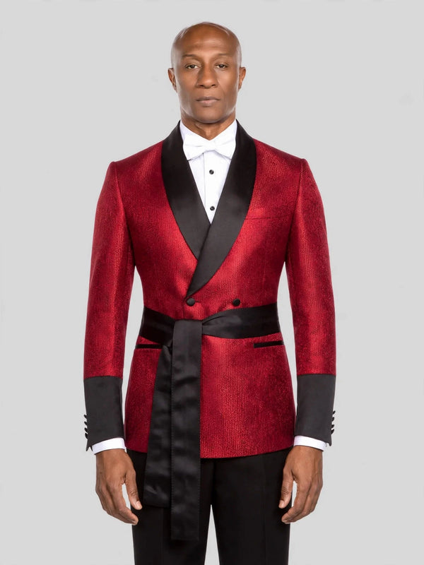 Crimson Shimmer Satin Shawl-Collar Sash-Belt Two-Button Double-Breasted Tuxedo Jacket - cover