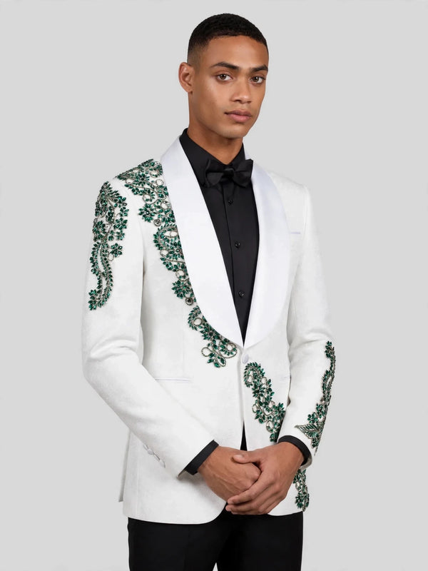 Ivory Emerald Crystal Vine Shawl-Collar Tuxedo Jacket 06