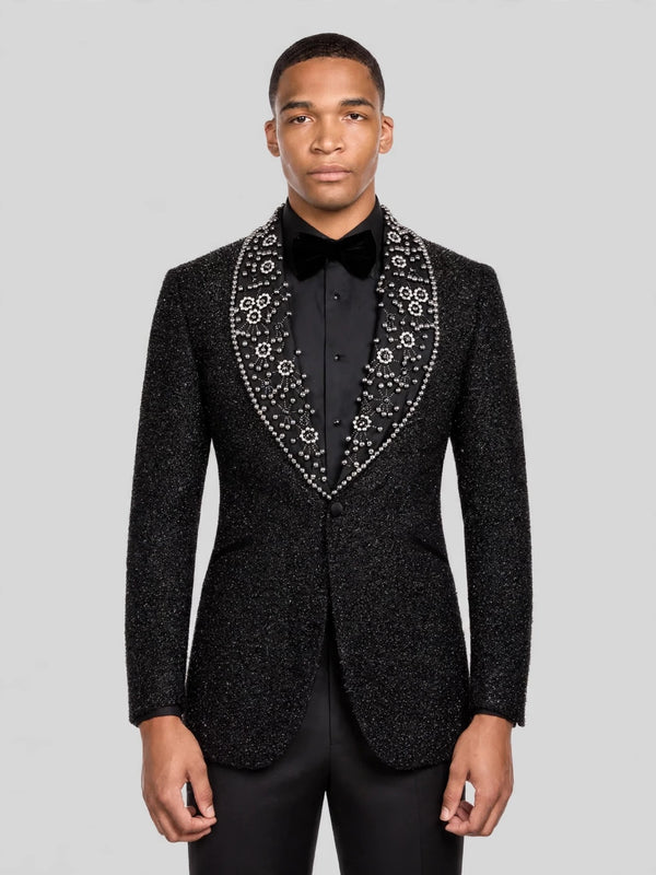 Onyx Silver Pearl-Ring Shawl-Collar Tuxedo Jacket 06