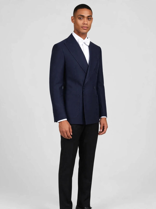 Midnight Navy Bold Pick-Stitch Patch-Pocket Peak-Lapel Double-Breasted Tuxedo Jacket 03
