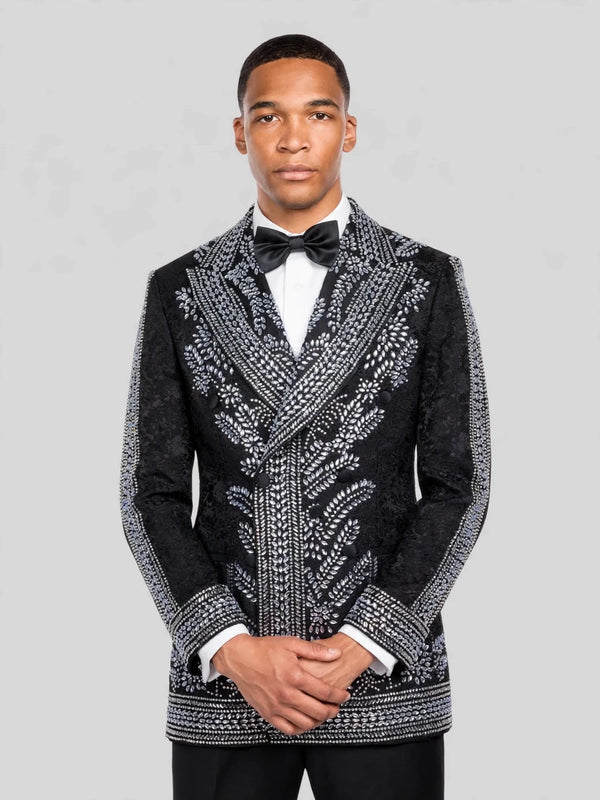 Onyx Silver Fern Crystal Peak-Lapel Double-Breasted Tuxedo Jacket 02