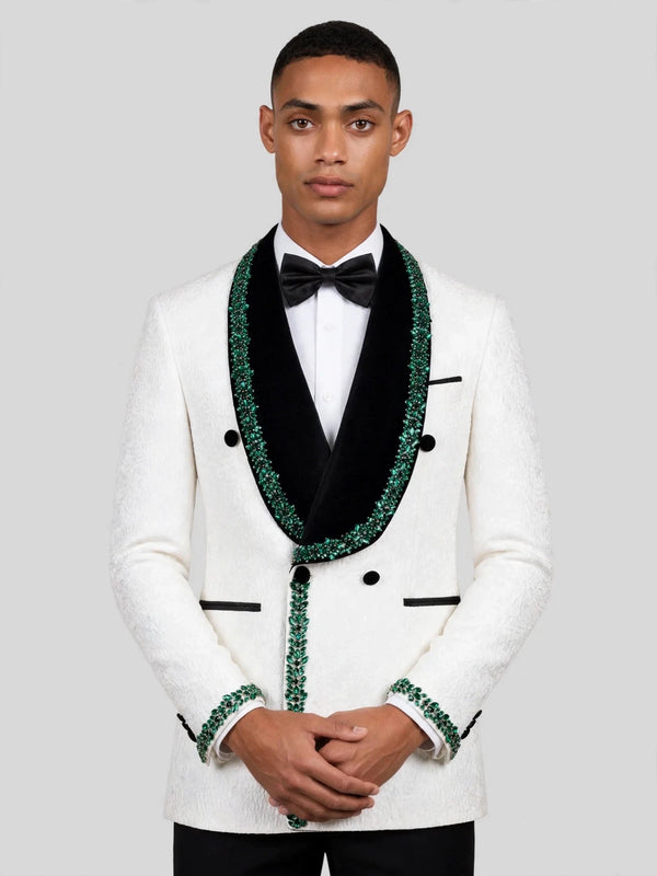 Ivory Emerald Crystal-Trim Black Shawl-Collar Double-Breasted Tuxedo Jacket 02