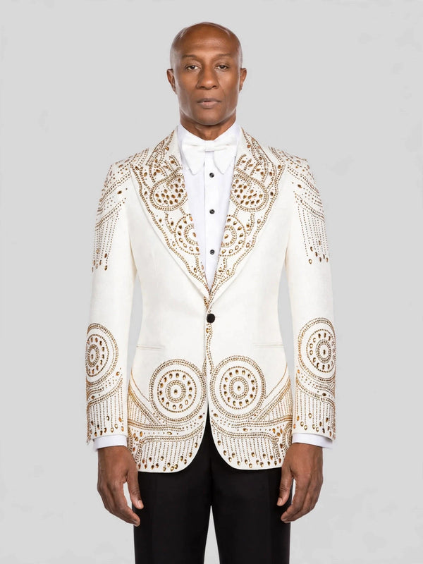 Ivory Gold Crystal Medallion Peak-Lapel Tuxedo Jacket - cover
