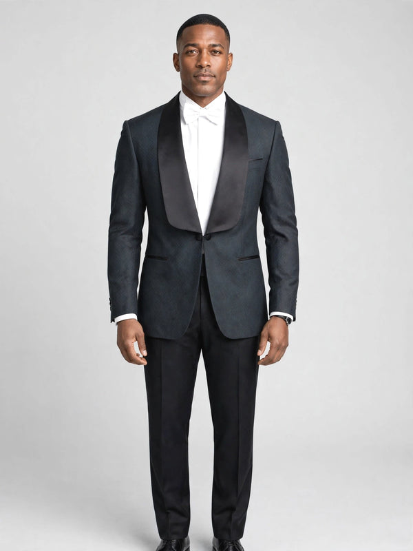 Slate Grey Diamond-Texture Satin Shawl-Collar Tuxedo Jacket - cover