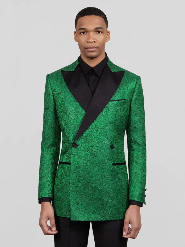 Emerald Paisley-Jacquard Satin Peak-Lapel Two-Button Double-Breasted Tuxedo Jacket 04