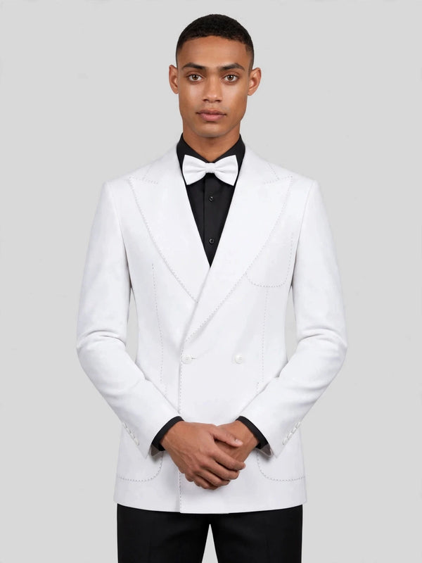 Snow White Pick-Stitch Patch-Pocket Peak-Lapel Double-Breasted Tuxedo Jacket 05
