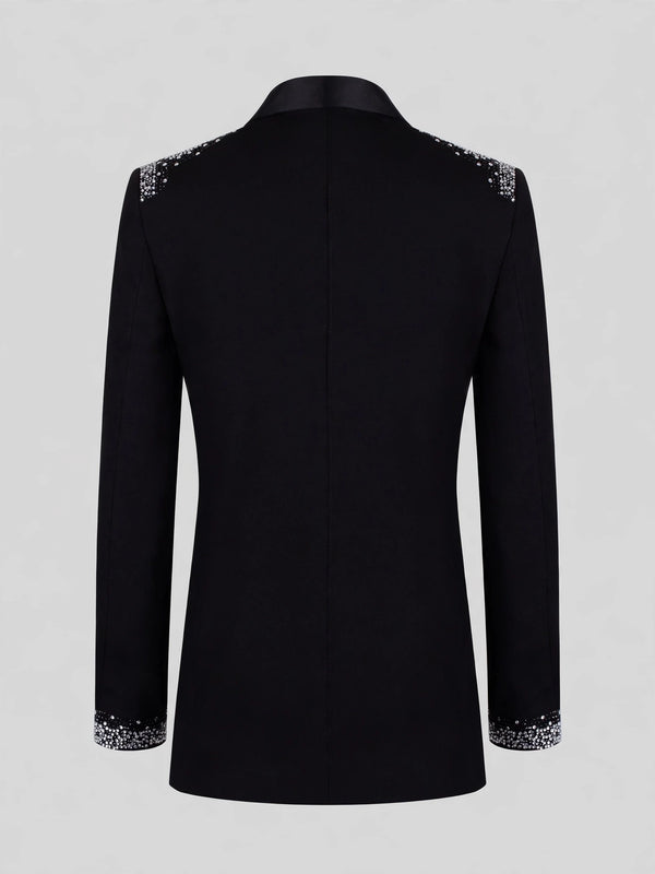 Onyx Silver Crystal Perimeter Shawl-Collar Tuxedo Jacket 09